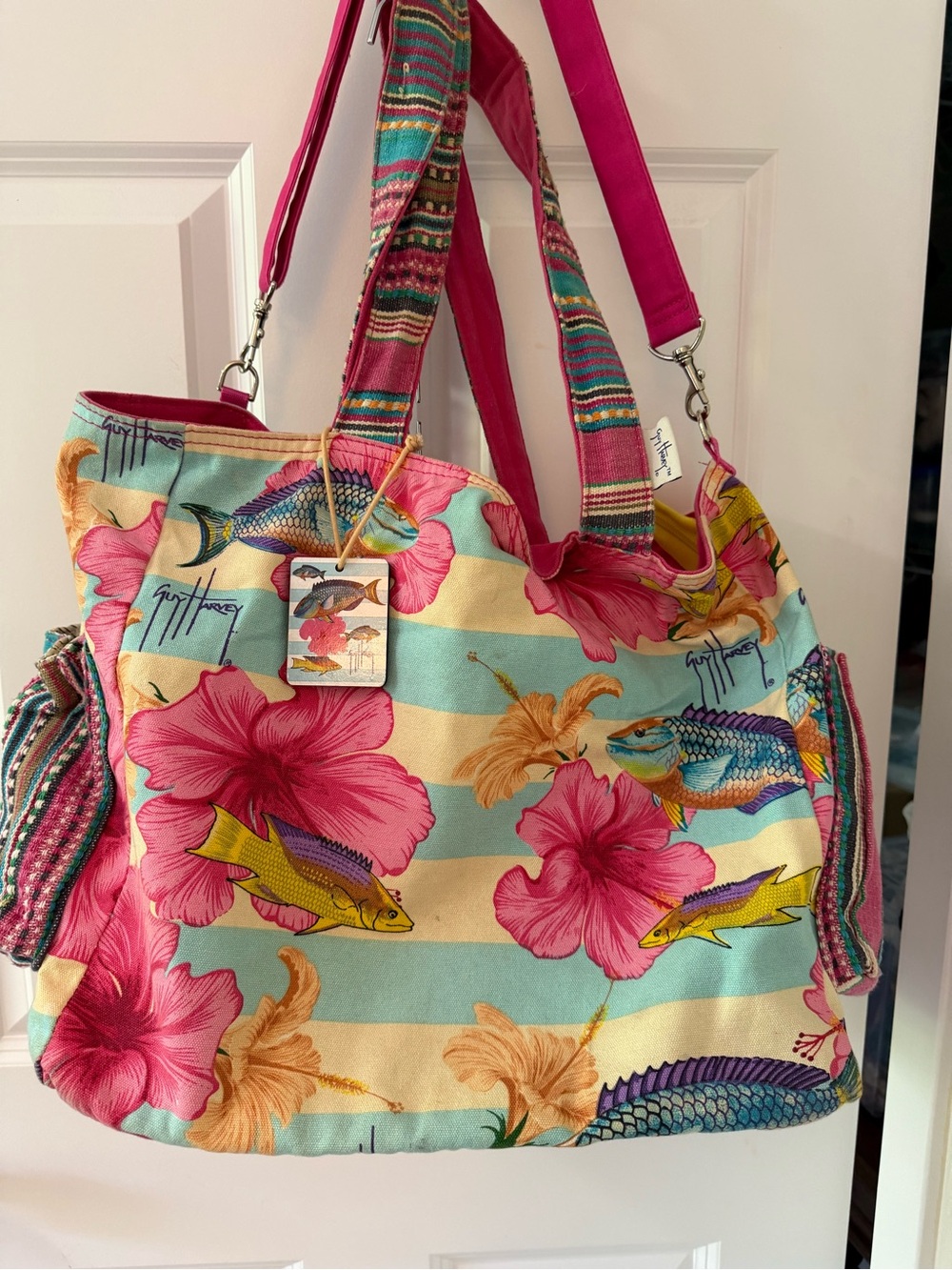 Guy Harvey Tropical Stripe Tote in Pink, Aqua & Yellow